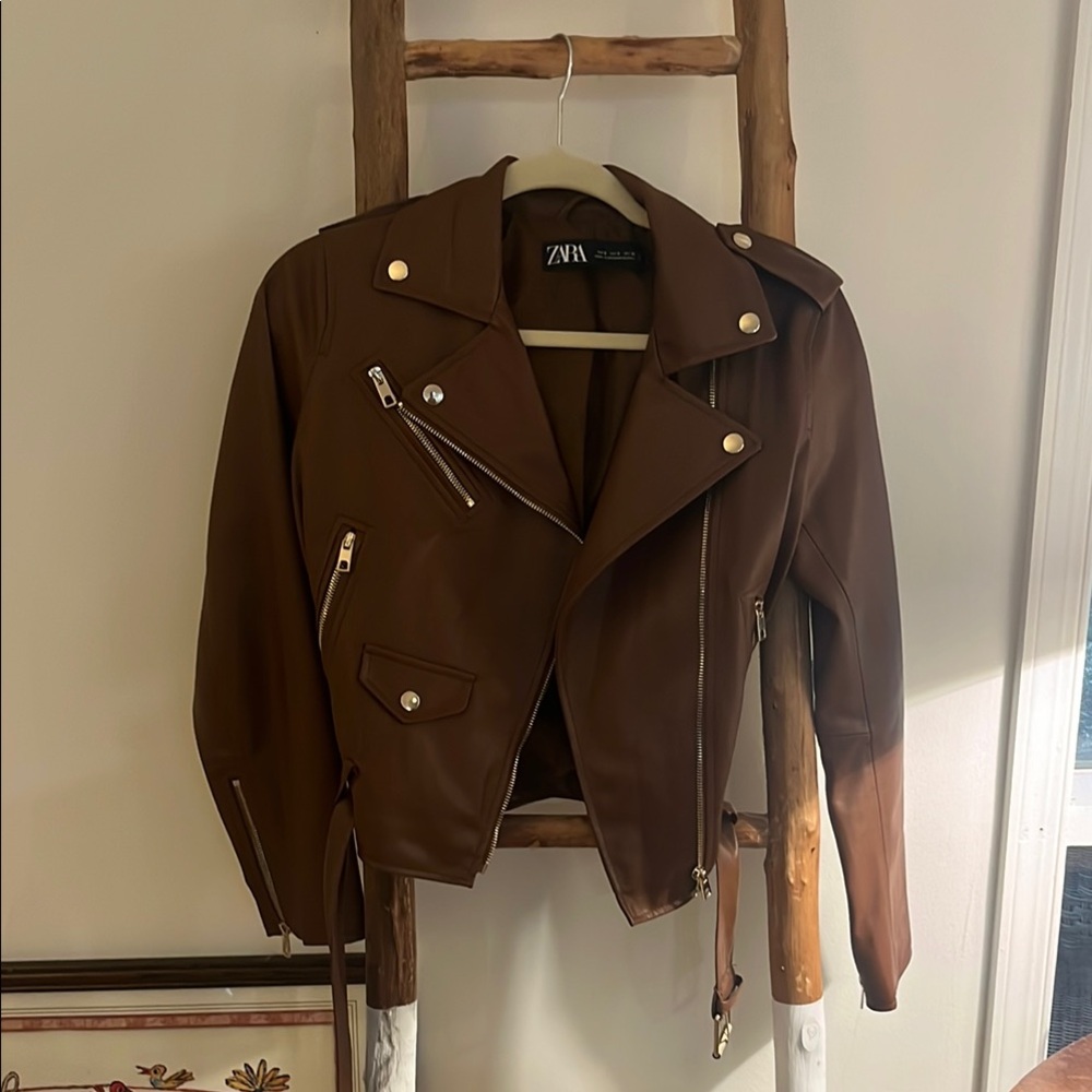 Zara Brown Vegan Leather Motorcycle Jacket with Lapels